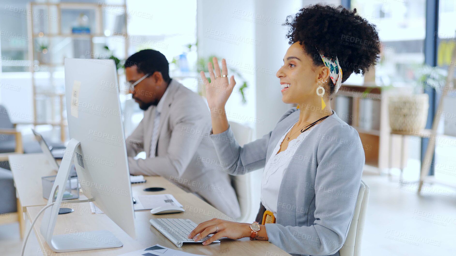 Buy stock photo Business woman, video call and wave at computer in office for meeting, webinar or communication. African professional, smile and hello in online conference, welcome or agent greeting in zoom chat