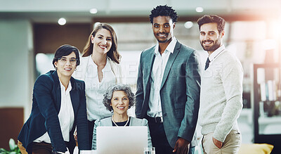 Buy stock photo Smile, diversity or portrait of business people in meeting for team strategy or planning a startup company. CEO, laptop or happy workers smiling with leadership or group support for growth in office