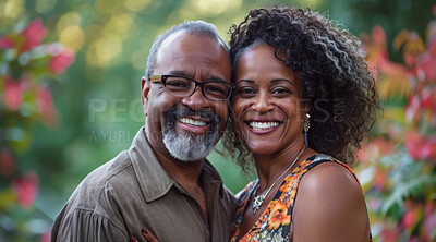 Mature, couple and portrait of a man and woman posing together for love, bonding and dating. Happy, African and romantic people radiating positivity outdoors for content, happiness and exploration