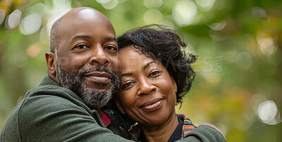 Mature, couple and portrait of a man and woman posing together for love, bonding and dating. Happy, African and romantic people radiating positivity outdoors for content, happiness and exploration
