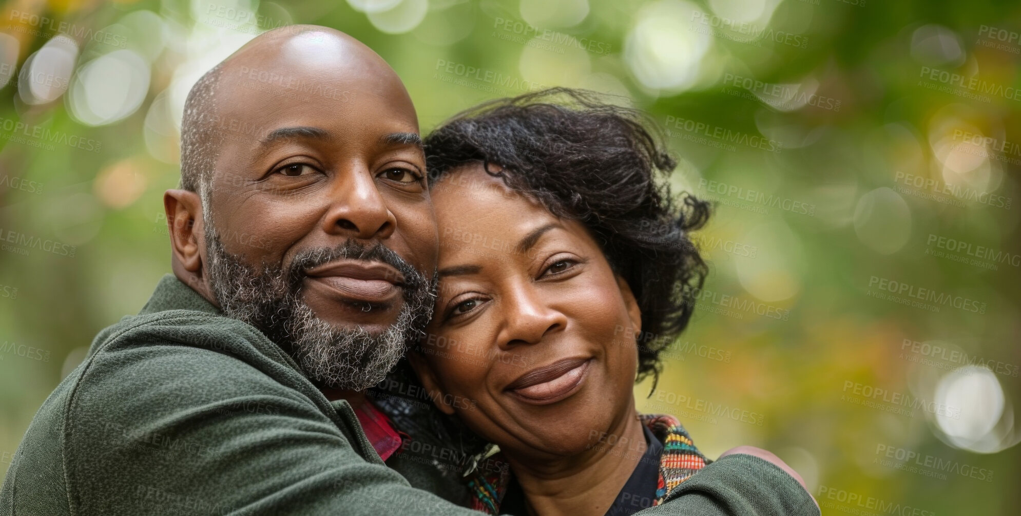 Buy stock photo Mature, couple and portrait of a man and woman posing together for love, bonding and dating. Happy, African and romantic people radiating positivity outdoors for content, happiness and exploration