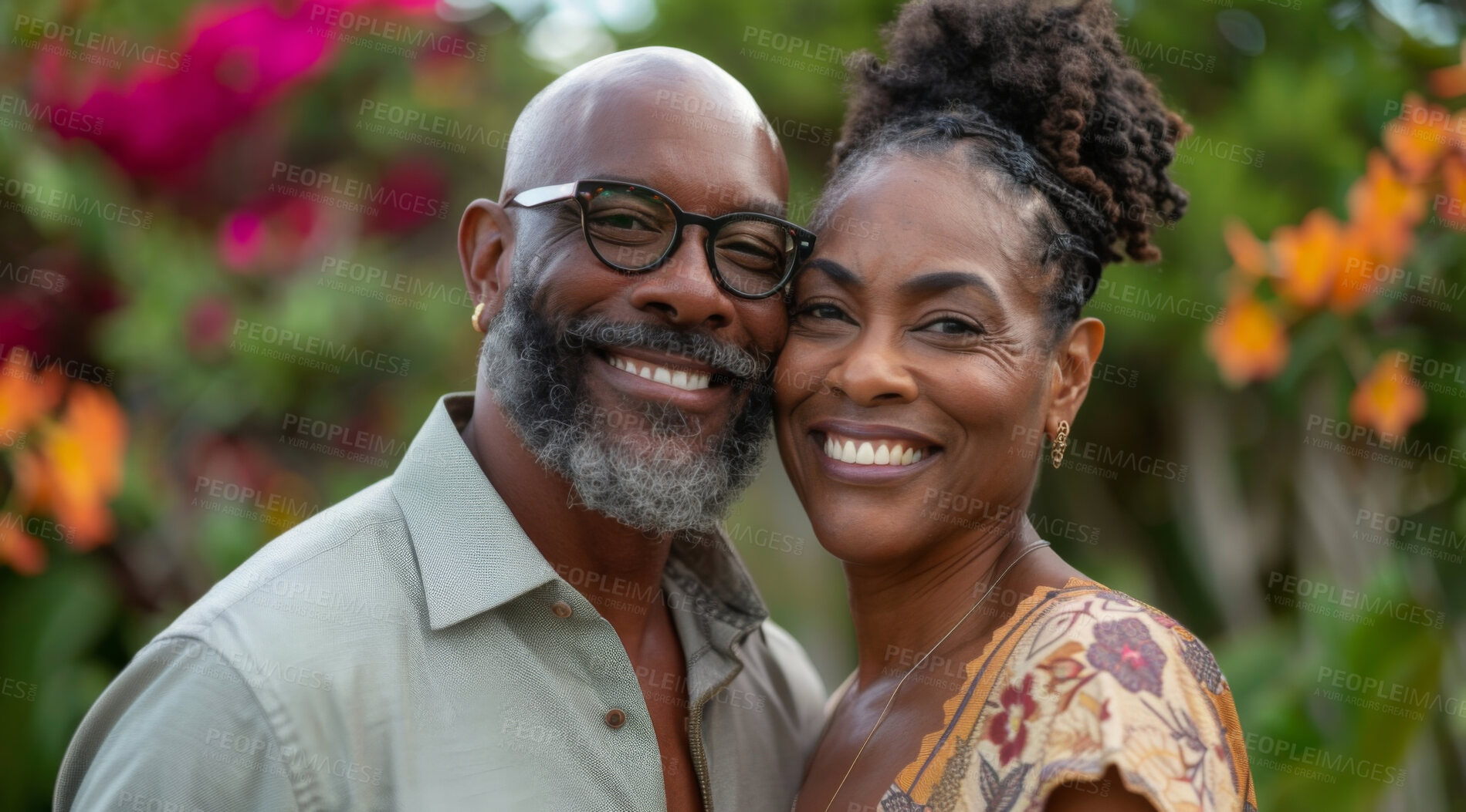 Buy stock photo Mature, couple and portrait of a man and woman posing together for love, bonding and dating. Happy, African and romantic people radiating positivity outdoors for content, happiness and exploration