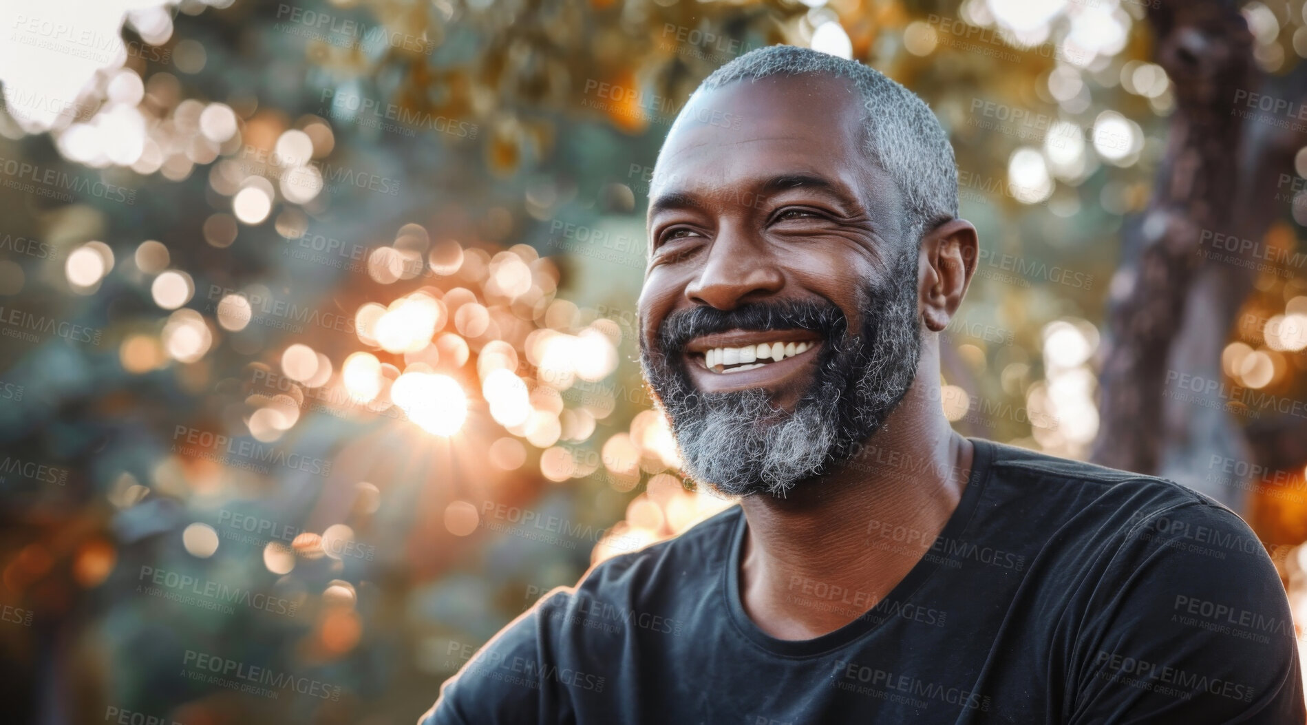 Buy stock photo Mature, man and portrait of a male laughing in a park for peace, contentment and vitality. Happy, smiling and african person radiating positivity outdoors for peace, happiness and exploration