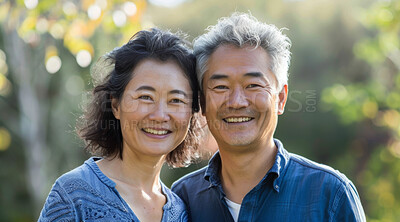 Buy stock photo Mature, couple and portrait of a man and woman posing together for love, bonding and dating. Happy, Asian and romantic people radiating positivity outdoors for content, happiness and exploration