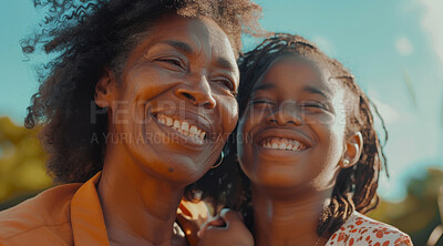Mature, woman and portait of a mother and daughter posing together in a park for love, bonding and care. Happy, african and people radiating positivity outdoors for content, happiness and exploration