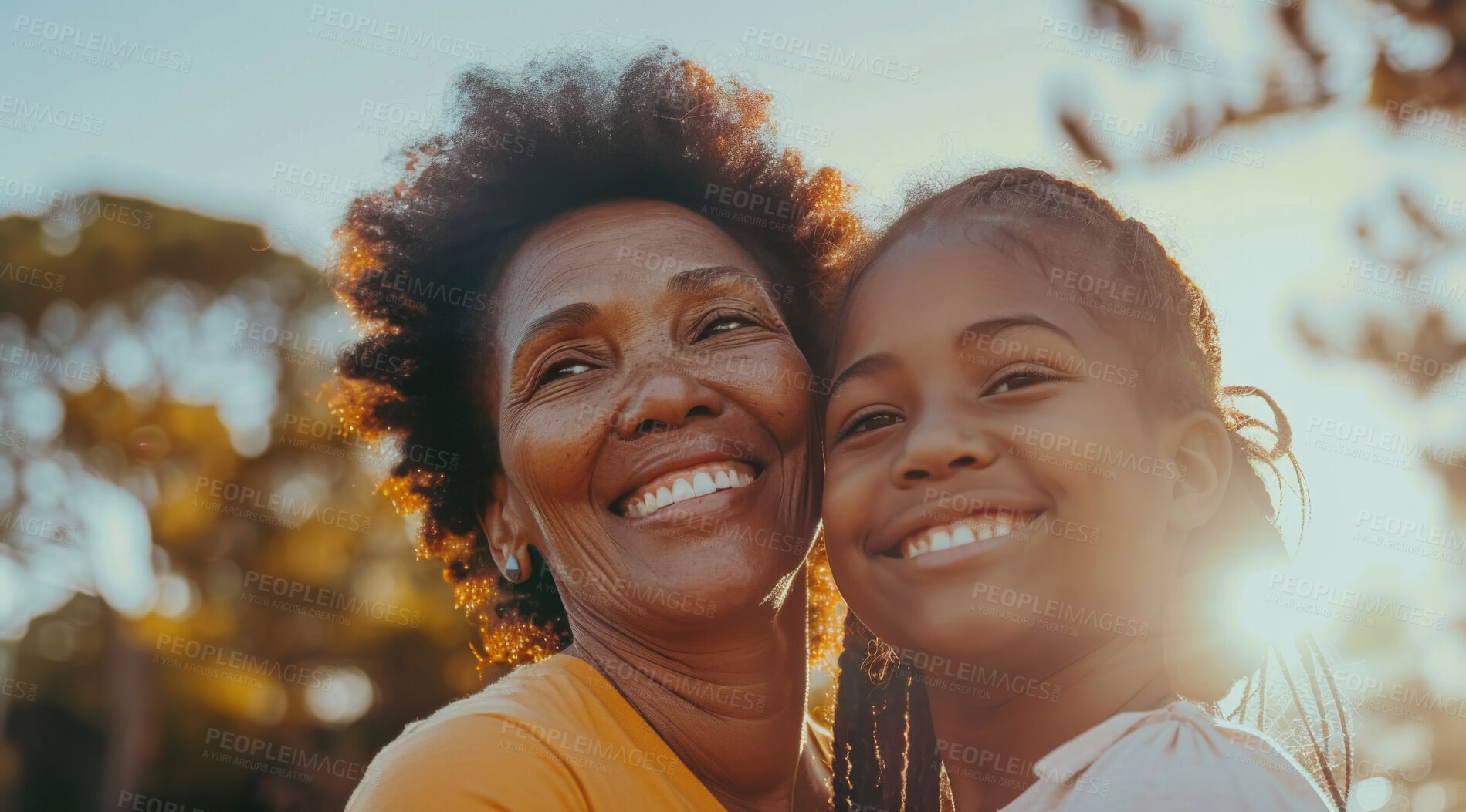 Buy stock photo Mature, woman and portait of a mother and daughter posing together in a park for love, bonding and care. Happy, african and people radiating positivity outdoors for content, happiness and exploration