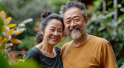 Mature, couple and portrait of a man and woman posing together for love, bonding and dating. Happy, Asian and romantic people radiating positivity outdoors for content, happiness and exploration