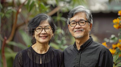 Buy stock photo Mature, couple and portrait of a man and woman posing together for love, bonding and dating. Happy, Asian and romantic people radiating positivity outdoors for content, happiness and exploration