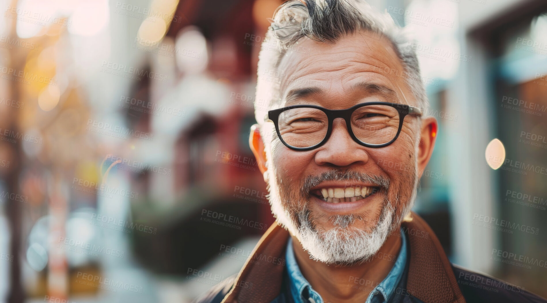 Buy stock photo Mature, man and portrait of a male laughing in a park for peace, contentment and vitality. Happy, smiling and chinese person radiating positivity outdoors for peace, happiness and exploration