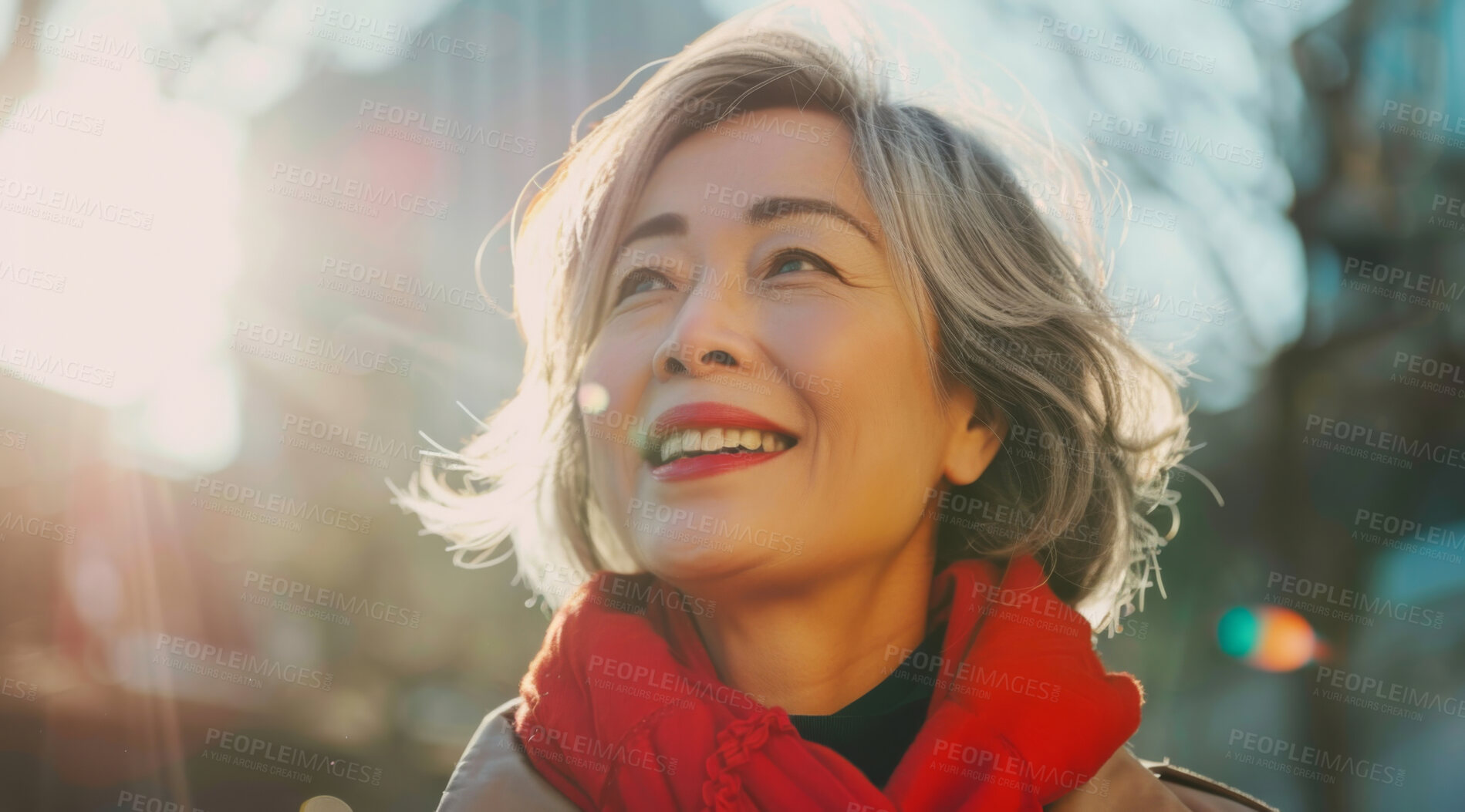 Mature, woman and portrait of a female laughing in a park for peace,  contentment and vitality. Happy, smiling and chinese person radiating  positivity outdoors for peace, happiness and exploration | Buy Stock