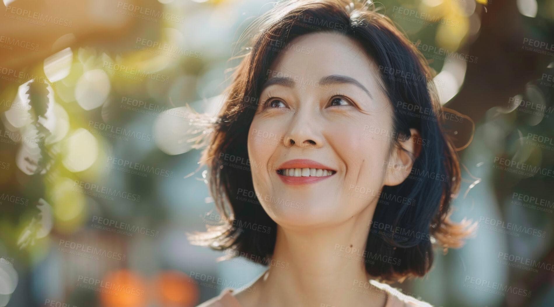 Buy stock photo Mature, woman and portrait of a female laughing in a park for peace, contentment and vitality. Happy, smiling and chinese person radiating positivity outdoors for peace, happiness and exploration