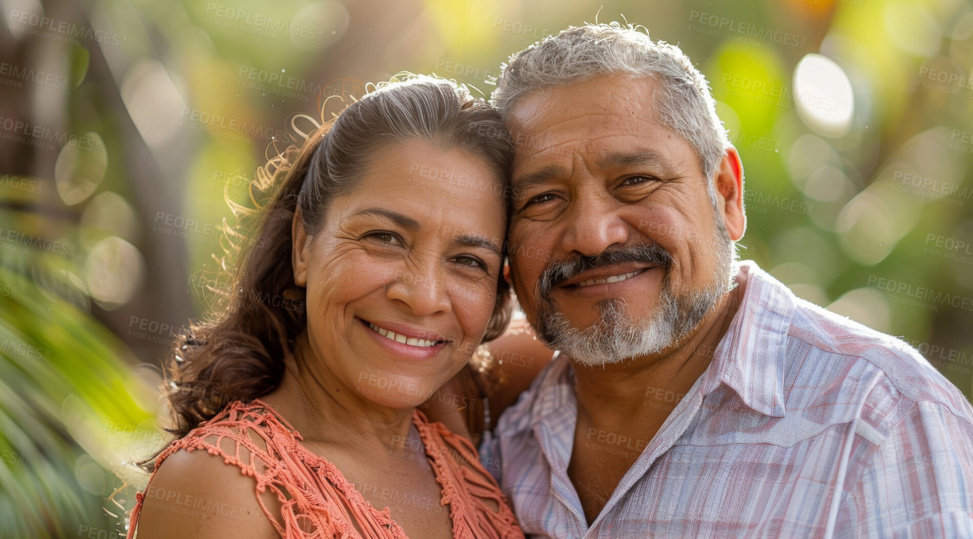 Buy stock photo Mature, couple and portrait of a man and woman posing together for love, bonding and dating. Happy, hispanic and romantic people radiating positivity outdoors for content, happiness and exploration