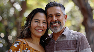 Mature, couple and portrait of a man and woman posing together for love, bonding and dating. Happy, hispanic and romantic people radiating positivity outdoors for content, happiness and exploration