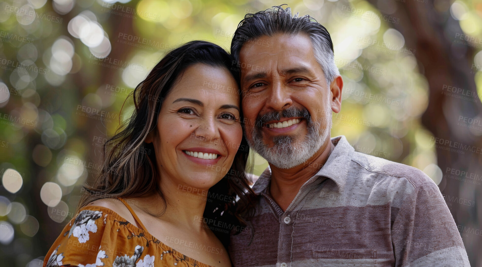 Buy stock photo Mature, couple and portrait of a man and woman posing together for love, bonding and dating. Happy, hispanic and romantic people radiating positivity outdoors for content, happiness and exploration