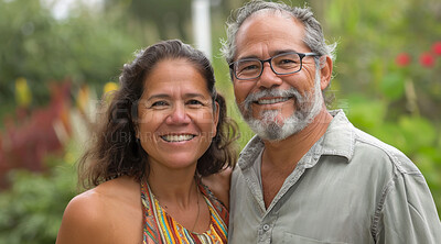 Mature, couple and portrait of a man and woman posing together for love, bonding and dating. Happy, hispanic and romantic people radiating positivity outdoors for content, happiness and exploration