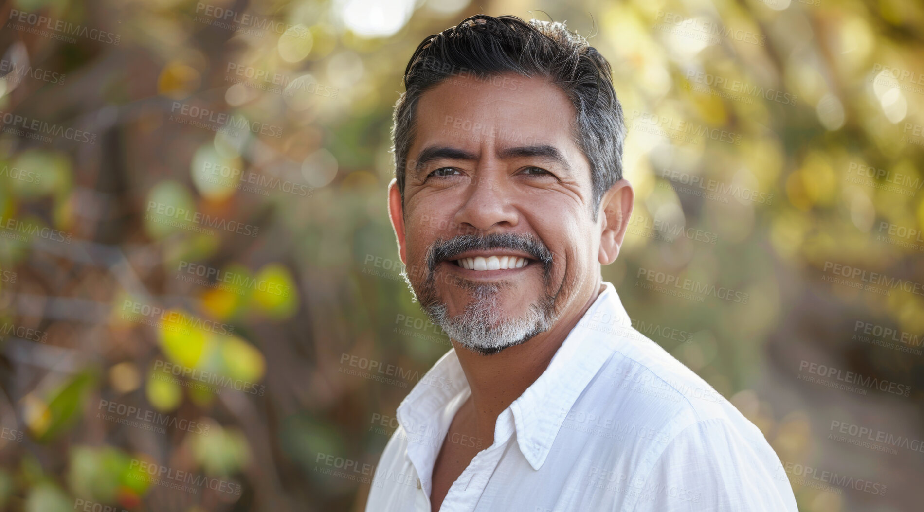 Buy stock photo Mature, man and portrait of a male laughing in a park for peace, contentment and vitality. Happy, smiling and hispanic person radiating positivity outdoors for peace, happiness and exploration