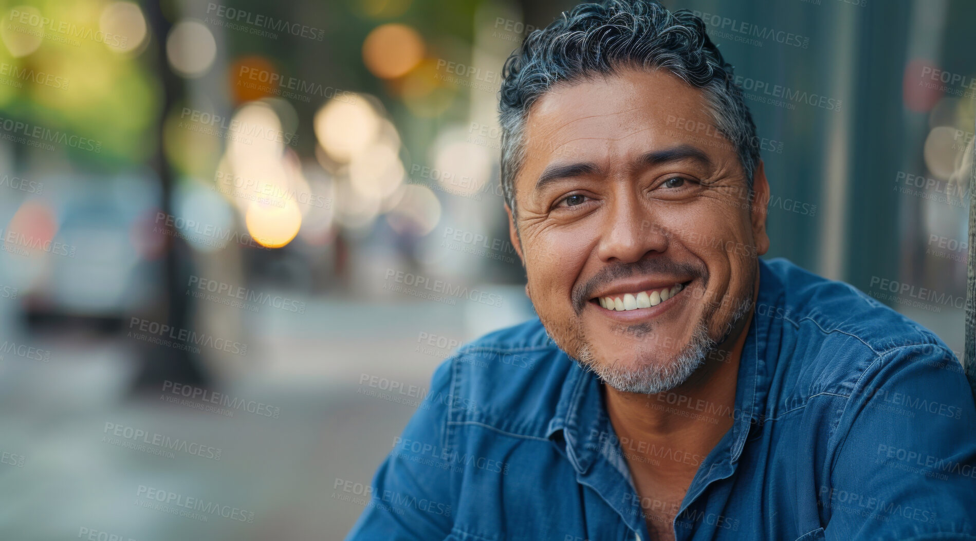 Buy stock photo Mature, man and portrait of a male laughing in a park for peace, contentment and vitality. Happy, smiling and hispanic person radiating positivity outdoors for peace, happiness and exploration