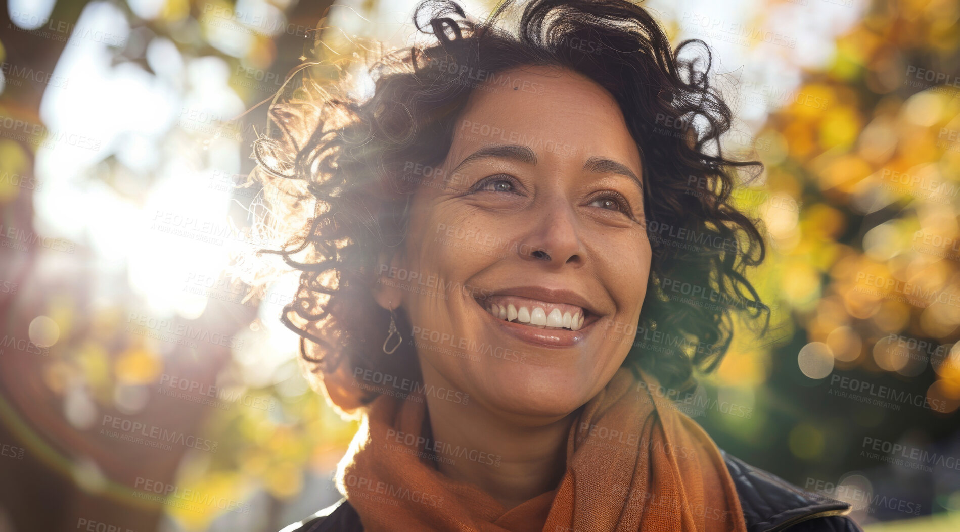 Buy stock photo Mature, woman and portrait of a female laughing in a park for peace, contentment and vitality. Happy, smiling and hispanic person radiating positivity outdoors for peace, happiness and exploration