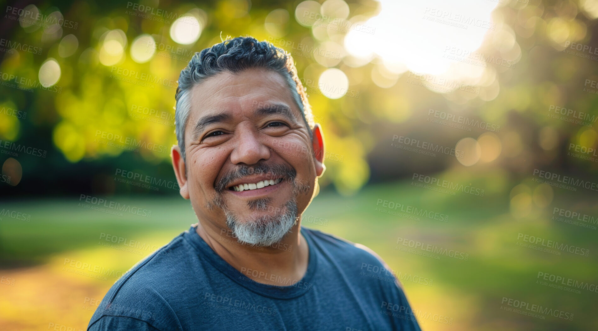 Buy stock photo Mature, man and portrait of a male laughing in a park for peace, contentment and vitality. Happy, smiling and hispanic person radiating positivity outdoors for peace, happiness and exploration