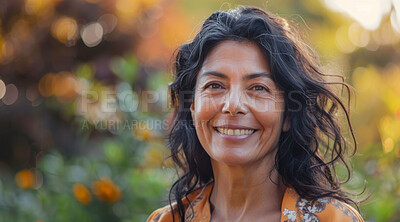 Mature, woman and portrait of a female laughing in a park for peace, contentment and vitality. Happy, smiling and hispanic person radiating positivity outdoors for peace, happiness and exploration