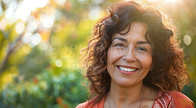 Mature, woman and portrait of a female laughing in a park for peace, contentment and vitality. Happy, smiling and hispanic person radiating positivity outdoors for peace, happiness and exploration