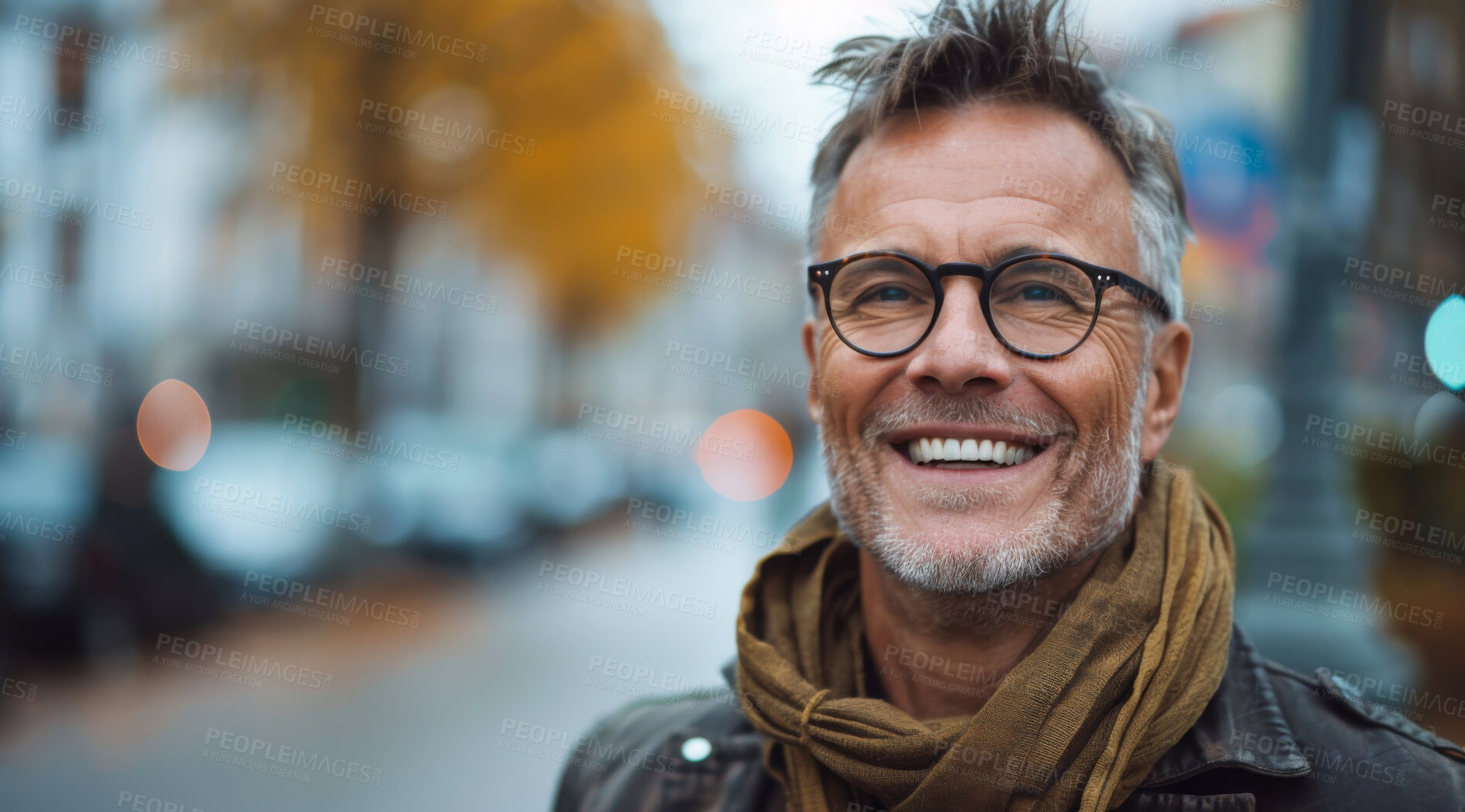 Buy stock photo Mature, man and portrait of a male laughing in a park for peace, contentment and vitality. Happy, smiling and confident person radiating positivity outdoors for peace, happiness and exploration