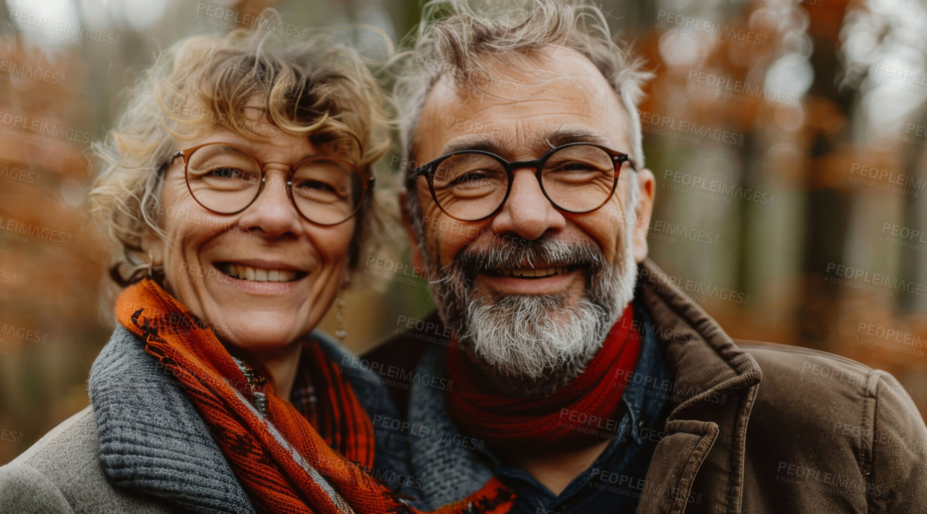 Buy stock photo Mature, couple and portrait of a man and woman posing together for love, bonding and dating. Happy, loving and romantic people radiating positivity outdoors for content, happiness and exploration