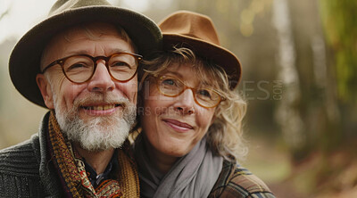 Buy stock photo Mature, couple and portrait of a man and woman posing together for love, bonding and dating. Happy, loving and romantic people radiating positivity outdoors for content, happiness and exploration