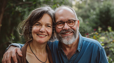 Buy stock photo Mature, couple and portrait of a man and woman posing together for love, bonding and dating. Happy, loving and romantic people radiating positivity outdoors for content, happiness and exploration