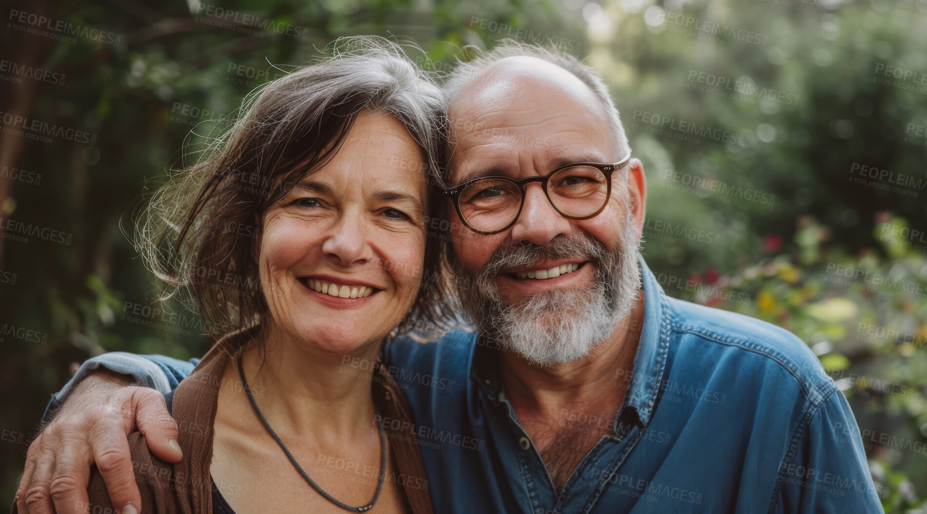 Buy stock photo Mature, couple and portrait of a man and woman posing together for love, bonding and dating. Happy, loving and romantic people radiating positivity outdoors for content, happiness and exploration