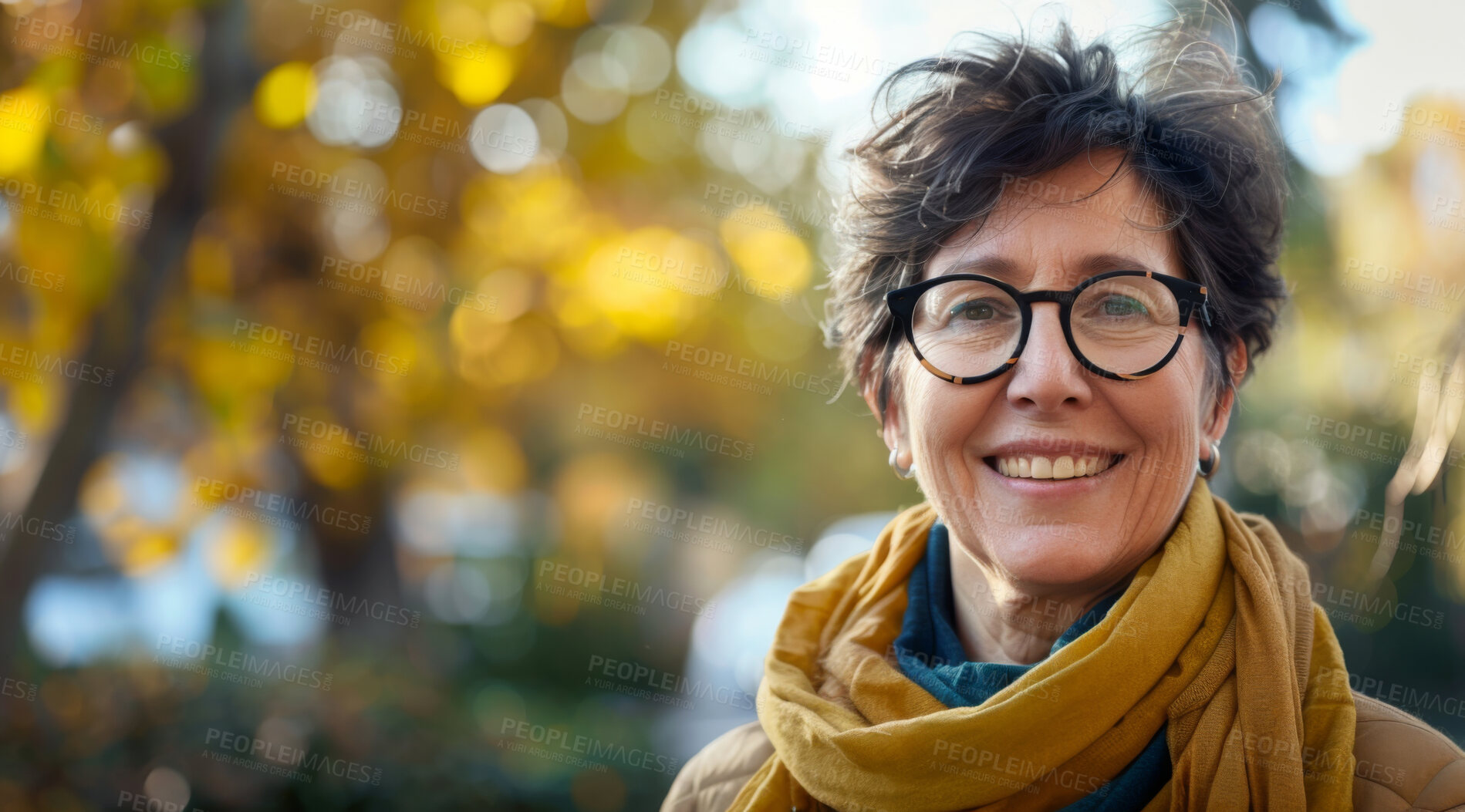 Buy stock photo Mature, woman and portrait of a female laughing in a park for peace, contentment and vitality. Happy, smiling and confident person radiating positivity outdoors for peace, happiness and exploration