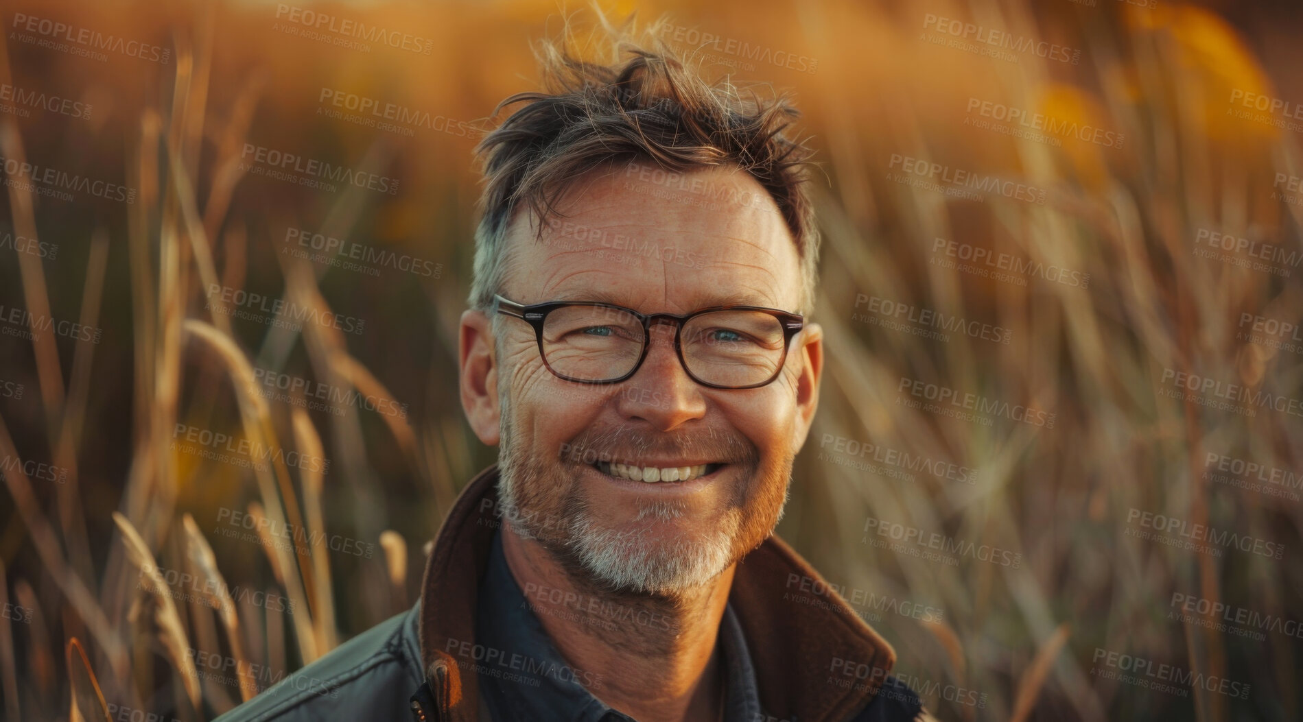 Buy stock photo Mature, man and portrait of a male laughing in a park for peace, contentment and vitality. Happy, smiling and confident person radiating positivity outdoors for peace, happiness and exploration