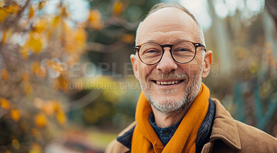Mature, man and portrait of a male laughing in a park for peace, contentment and vitality. Happy, smiling and confident person radiating positivity outdoors for peace, happiness and exploration