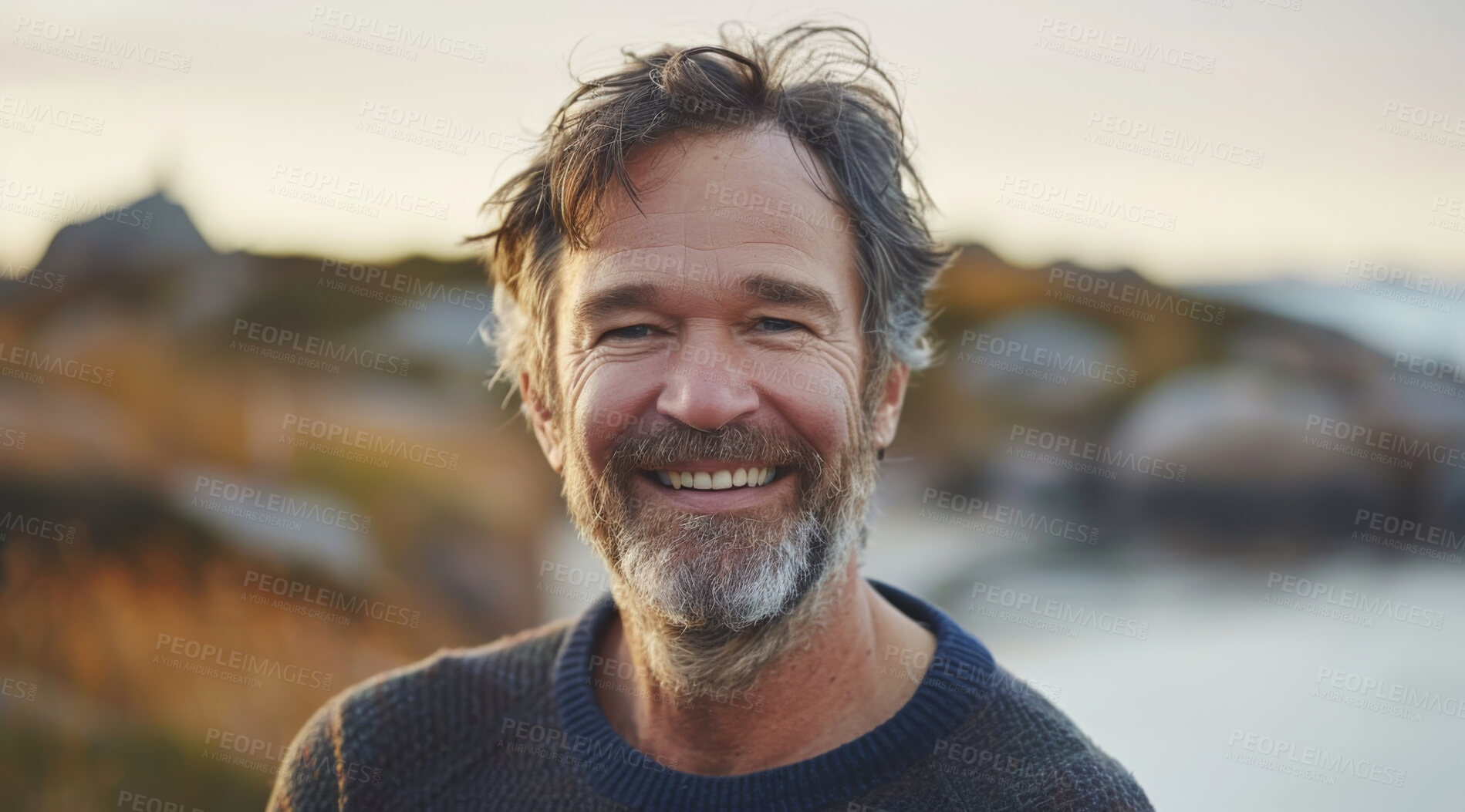 Buy stock photo Mature, man and portrait of a male laughing in a park for peace, contentment and vitality. Happy, smiling and confident person radiating positivity outdoors for peace, happiness and exploration