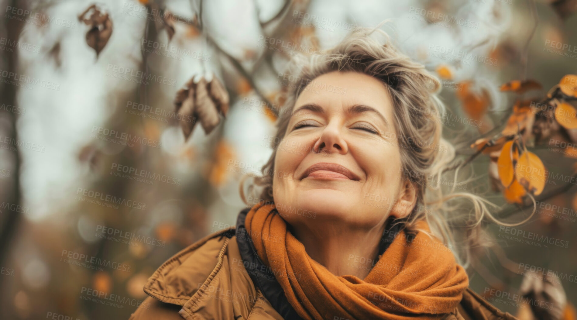 Buy stock photo Mature, woman and portrait of a female laughing in a park for peace, contentment and vitality. Happy, smiling and confident person radiating positivity outdoors for peace, happiness and exploration