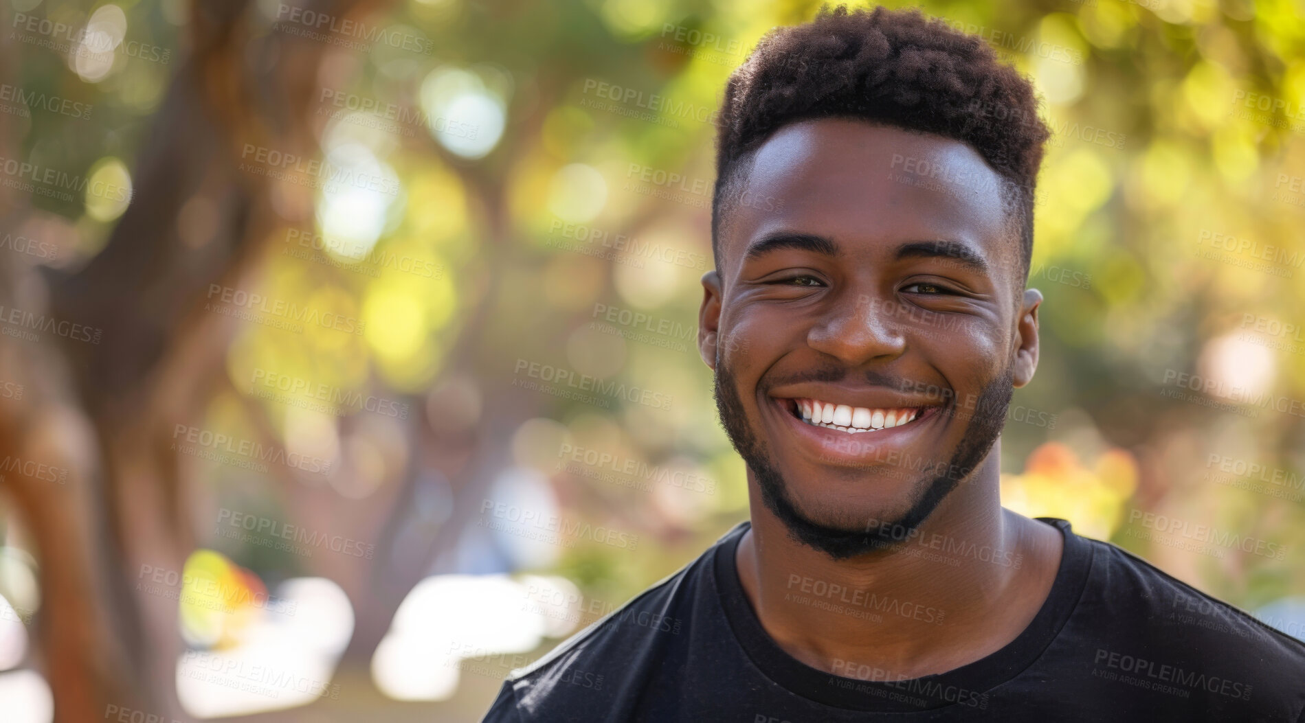 Buy stock photo Young, man and portrait of a male laughing in a park for peace, contentment and vitality. Happy, smiling and confident african boy radiating positivity outdoors for peace, happiness and exploration