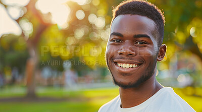 Young, man and portrait of a male laughing in a park for peace, contentment and vitality. Happy, smiling and confident african boy radiating positivity outdoors for peace, happiness and exploration