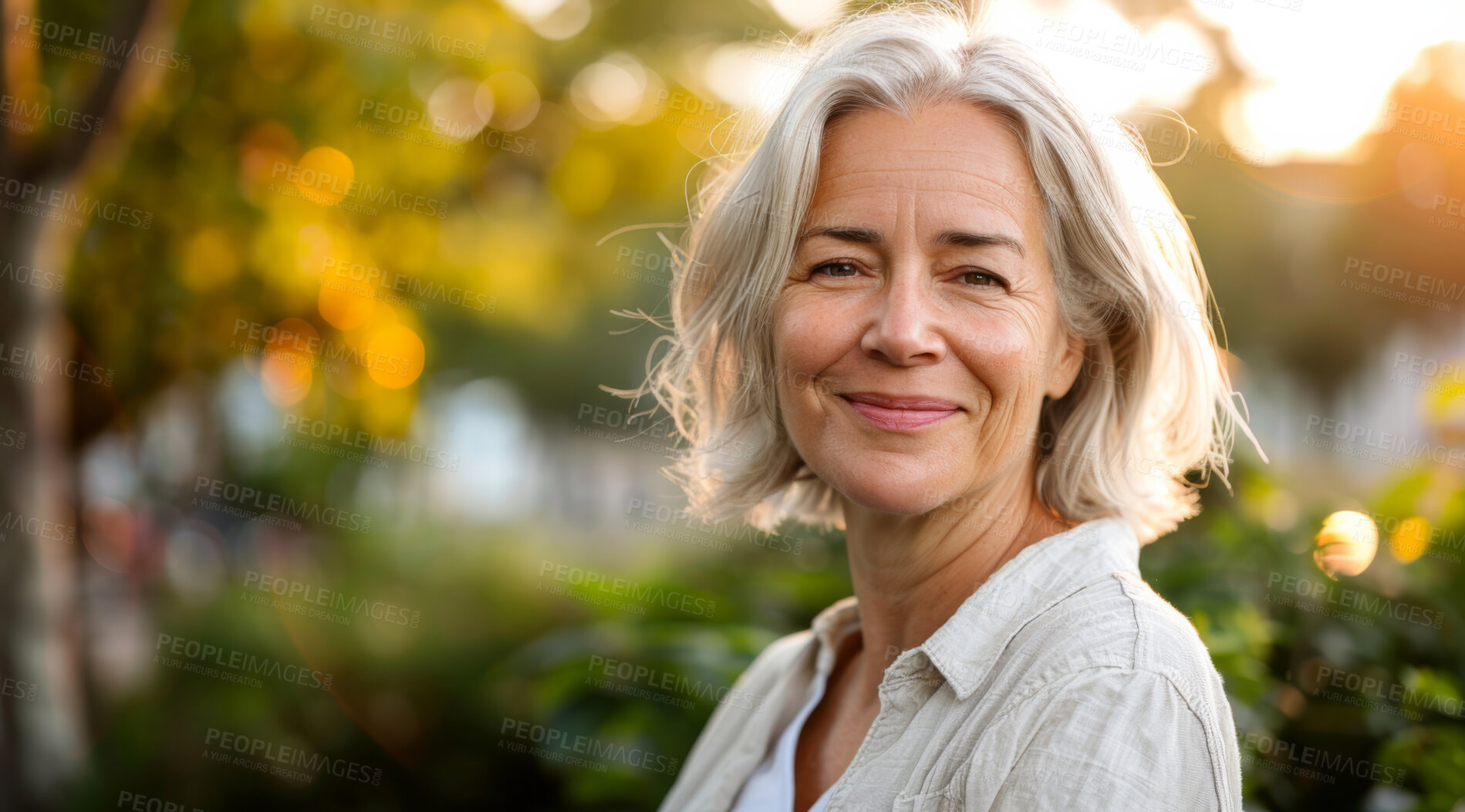 Buy stock photo Mature, woman and portrait of a female laughing in a park for peace, contentment and vitality. Happy, smiling and confident person radiating positivity outdoors for peace, happiness and exploration