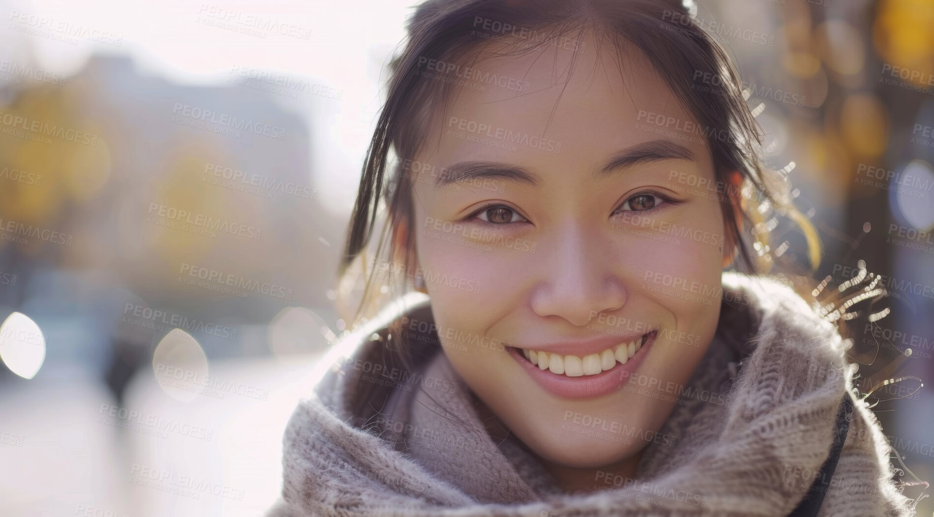 Buy stock photo Young, woman and portrait of a female laughing in a park for peace, contentment and vitality. Happy, smiling and confident asian girl radiating positivity outdoors for peace, happiness or exploration