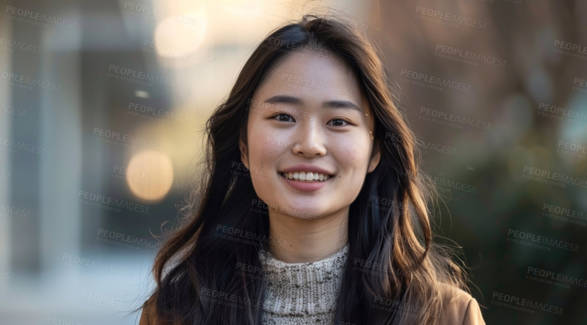 Buy stock photo Young, woman and portrait of a female laughing in a park for peace, contentment and vitality. Happy, smiling and confident asian girl radiating positivity outdoors for peace, happiness or exploration