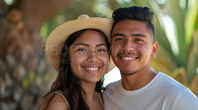Young, couple and portrait of a man and woman posing together for love, bonding and dating. Happy, hispanic and romantic people radiating positivity outdoors for content, happiness and exploration