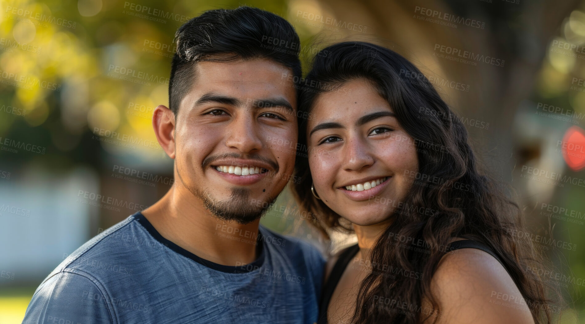 Buy stock photo Young, couple and portrait of a man and woman posing together for love, bonding and dating. Happy, hispanic and romantic people radiating positivity outdoors for content, happiness and exploration