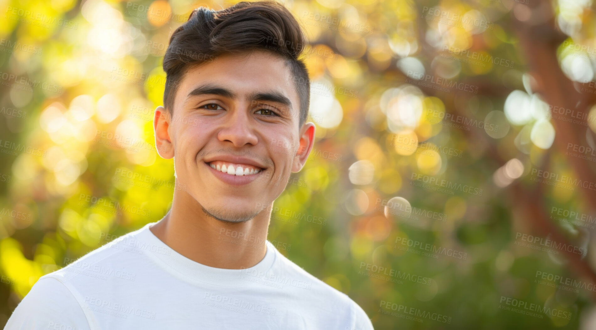 Buy stock photo Young, man and portrait of a male laughing in a park for peace, contentment and vitality. Happy, smiling and confident latin person radiating positivity outdoors for peace, happiness and exploration