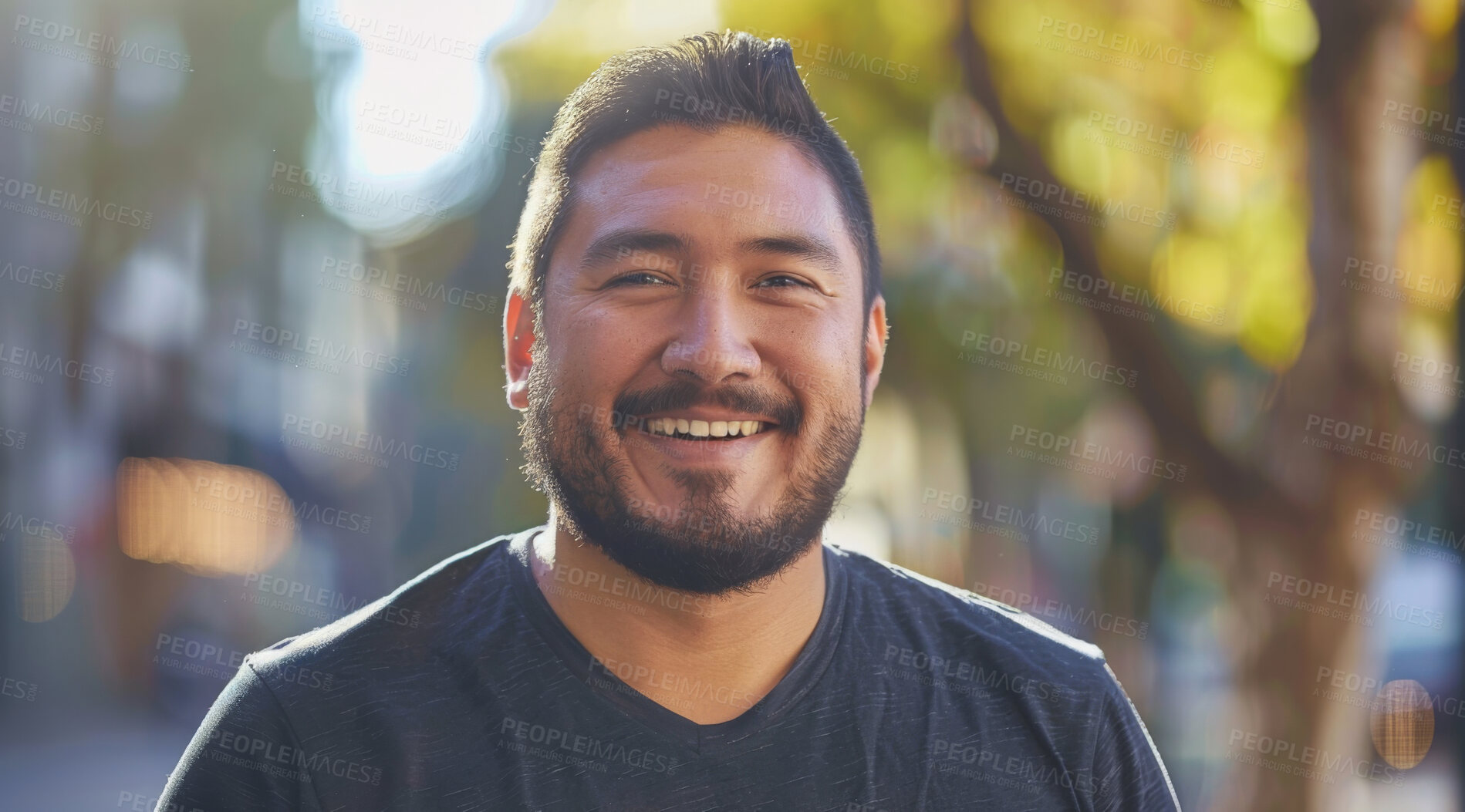 Buy stock photo Young, man and portrait of a male laughing in a park for peace, contentment and vitality. Happy, smiling and confident latin person radiating positivity outdoors for peace, happiness and exploration