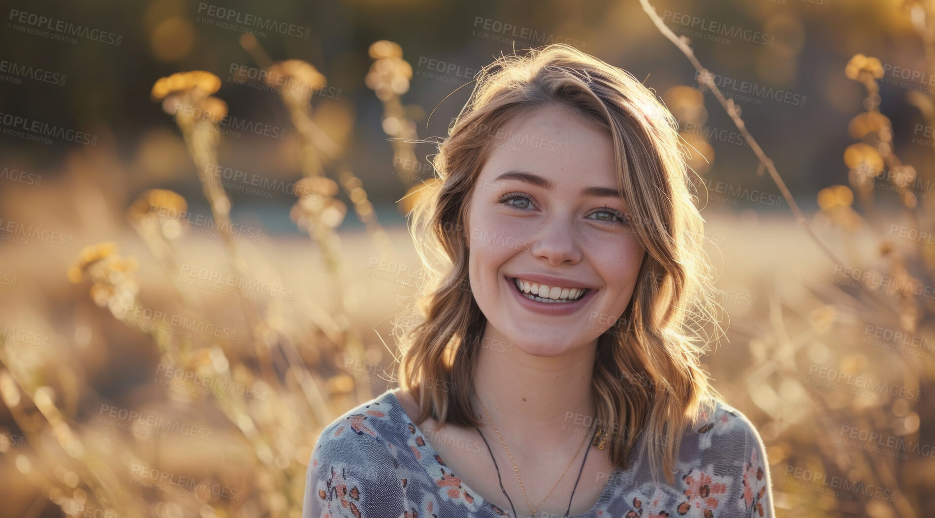 Buy stock photo Young, woman and portrait of a female laughing in a park for peace, contentment and vitality. Happy, smiling and confident person radiating positivity outdoors for peace, happiness and exploration