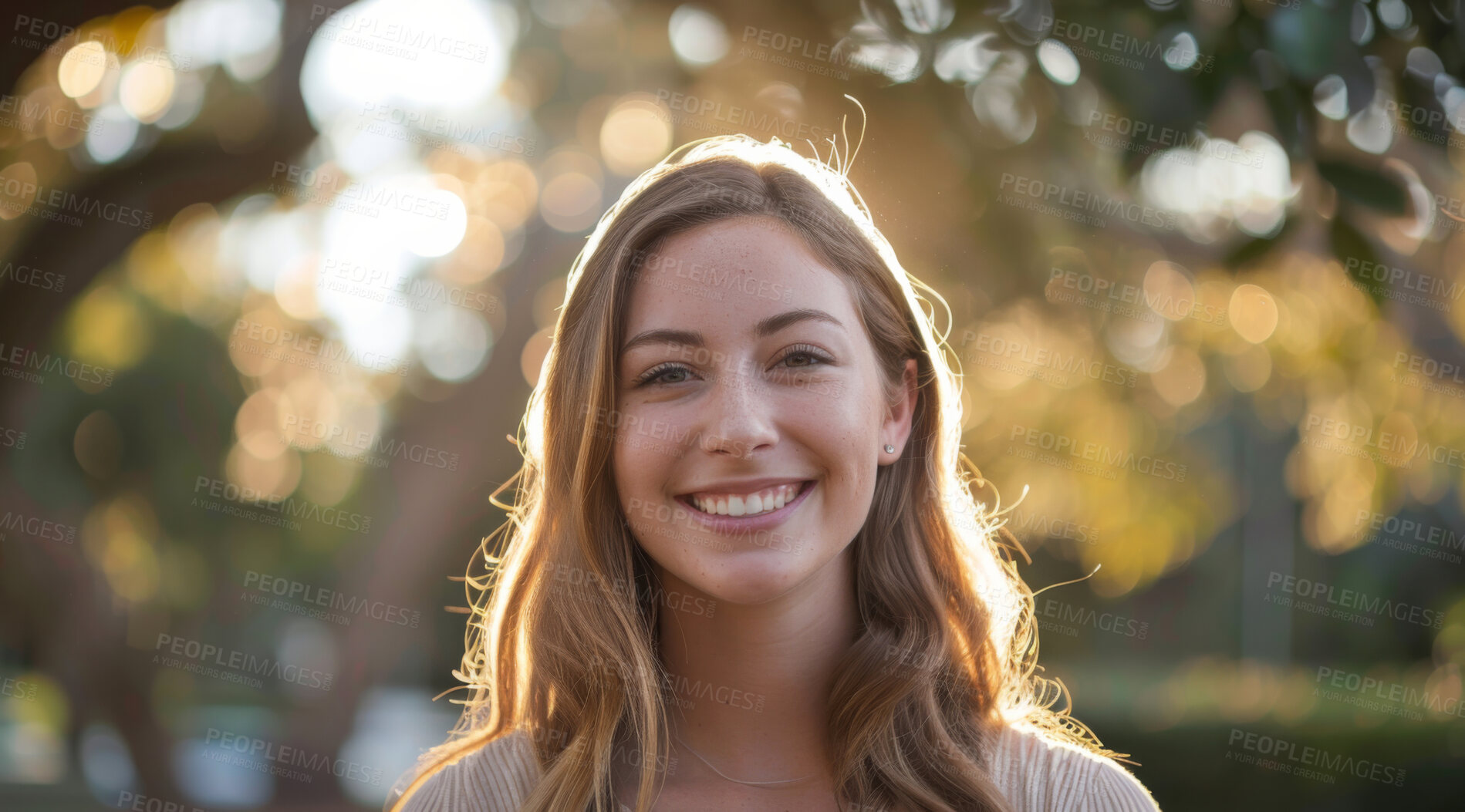 Buy stock photo Young, woman and portrait of a female laughing in a park for peace, contentment and vitality. Happy, smiling and confident person radiating positivity outdoors for peace, happiness and exploration