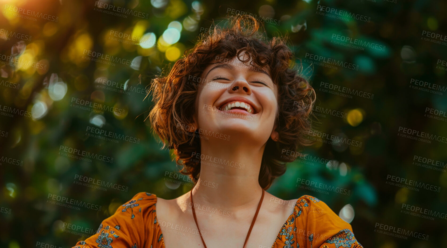 Buy stock photo Young, woman and portrait of a female laughing in a park for peace, contentment and vitality. Happy, smiling and confident person radiating positivity outdoors for peace, happiness and exploration