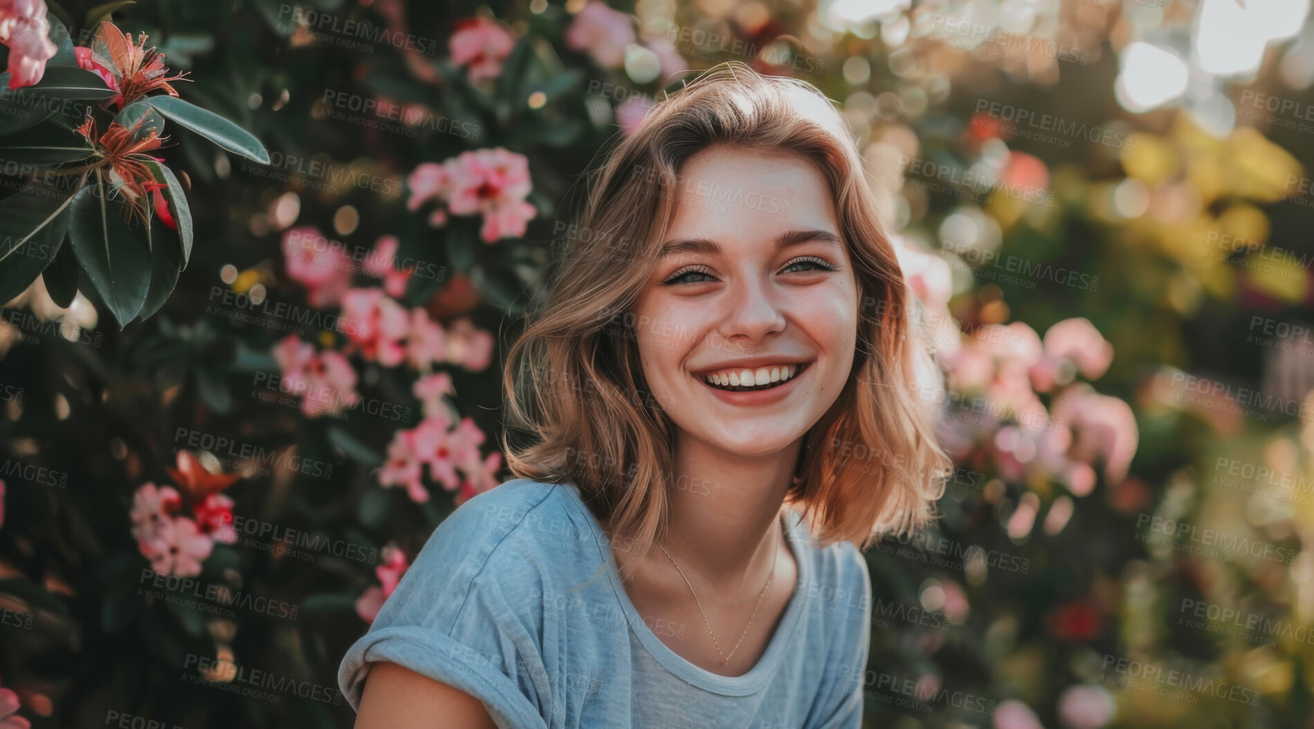 Buy stock photo Young, woman and portrait of a female laughing in a park for peace, contentment and vitality. Happy, smiling and confident person radiating positivity outdoors for peace, happiness and exploration