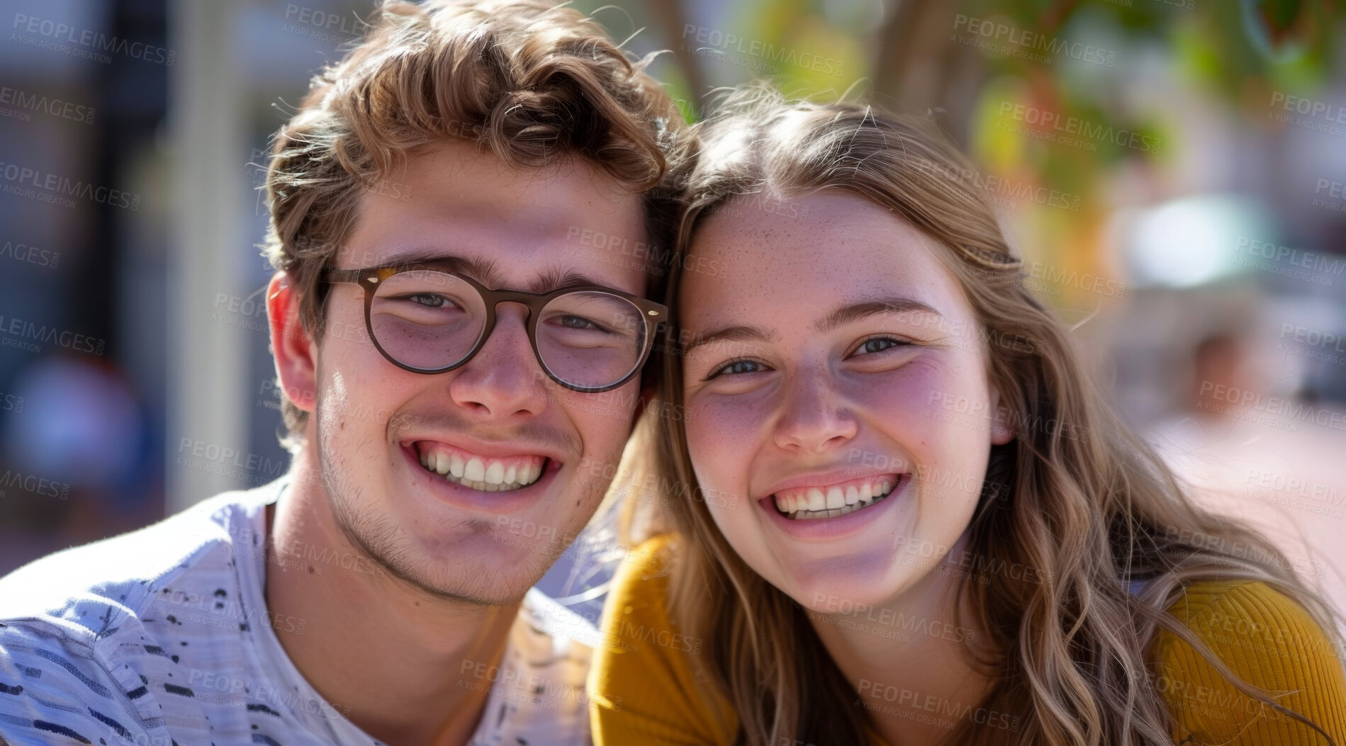 Buy stock photo Young, couple and portrait of a man and woman posing together for love, bonding and dating. Happy, smiling and romantic people radiating positivity outdoors for content, happiness and exploration