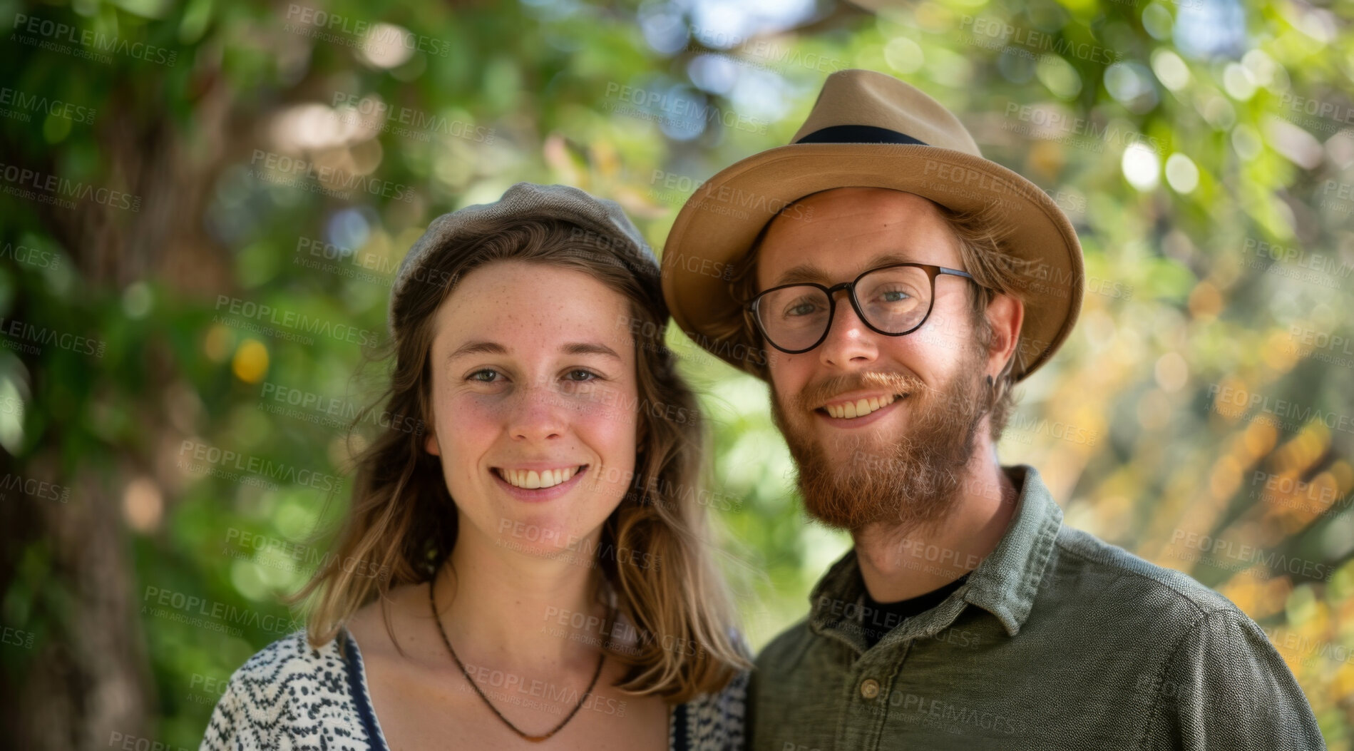 Buy stock photo Young, couple and portrait of a man and woman posing together for love, bonding and dating. Happy, smiling and romantic people radiating positivity outdoors for content, happiness and exploration